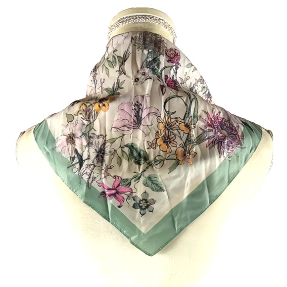 Bee Line Scarf Vintage Look Square 23" X 23" Green Pink Floral Butterfly - Picture 2 of 10